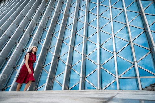 Preview: Asian woman in red dress at modern building, female girl with urban city lifestyle