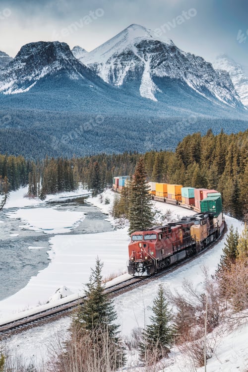 Preview: Morants Curve with iconic red cargo train passing through bow valley and rocky mountains in winter