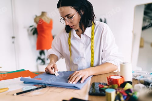 Preview: Seamstress making chalk marks on fabric