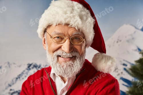Preview: portrait of cheerful man dressed as Santa with glasses smiling sincerely at camera, winter concept