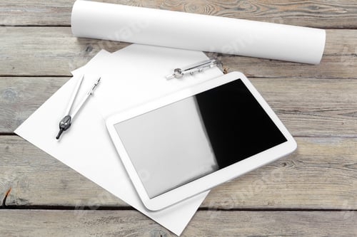 Preview: top view of architect workplace with blueprint paper and digital tablet with blank screen