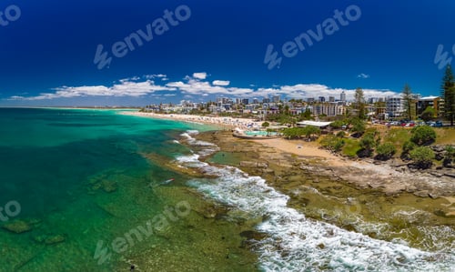 Preview: Aerial drone panoramic image of ocean waves on a Kings beach, Ca