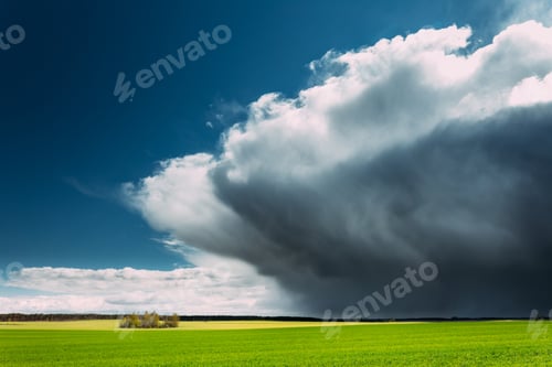 Preview: Storm And Rain Above Countryside Rural Field Or Meadow Landscape