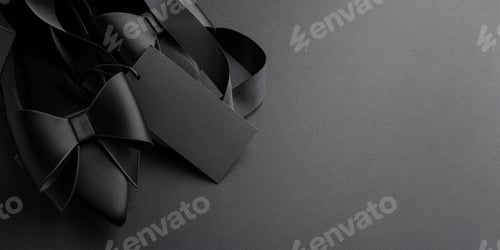 Preview: Black Pointed-Toe Shoes with Satin Bows and Blank Tag. Luxury Fashion Flatlay