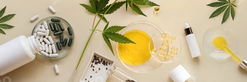 Preview: Various products with CBD oil, cannabidiol, tablets, capsules, cosmetics and hemp leaves