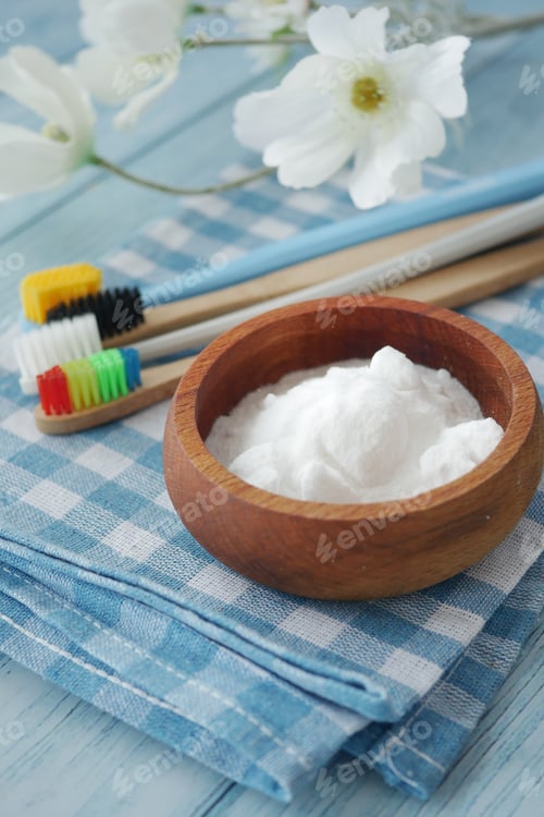 Preview: Natural dental care setup with brushes and baking soda