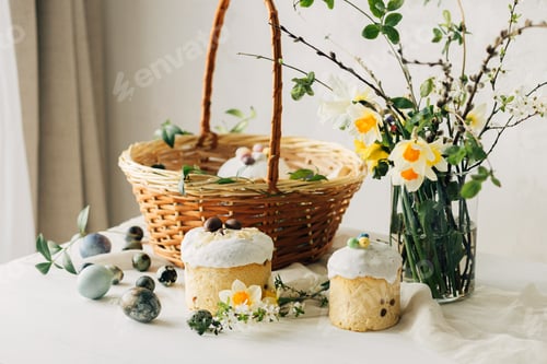 Preview: Happy Easter! Stylish easter natural dyed eggs, bread, basket with food and spring flowers