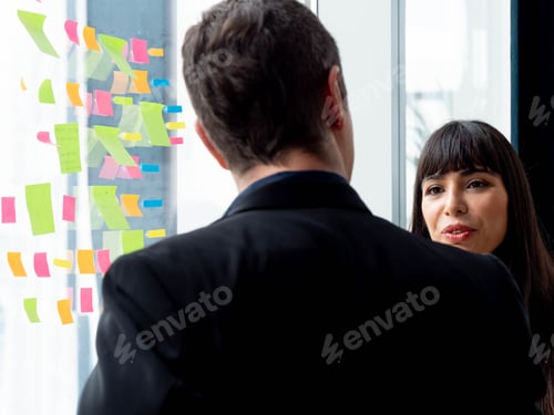 Preview: Businessman businesswoman colleague talk speak corporate two person partner meeting business