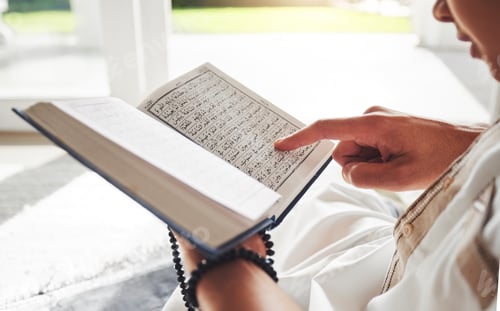 Preview: Reading book, Islamic or hands of man with Quran on Eid Mubarak praying to God or worship at home.