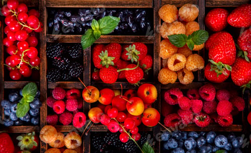 Preview: Various fresh summer Berries background .Food or Healthy diet concept.