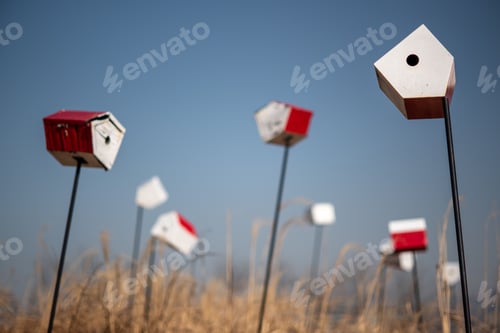 Preview: Landscape shot of red and white birdhouses standing in a grassy field against a blurred background