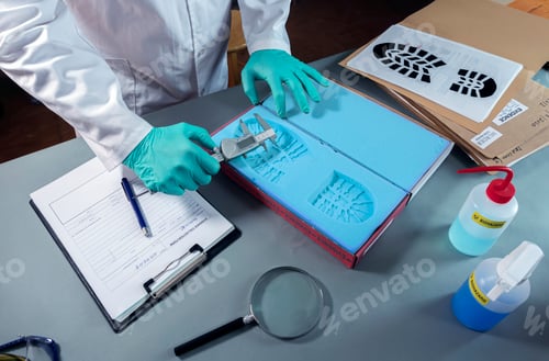 Preview: Forensic scientist investigates shoeprint mould evidence in crime lab, conceptual image