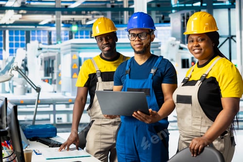 Preview: Team of black engineers finetuning the manufacturing on solar panels