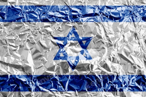 Preview: Israel flag depicted in paint colors on shiny crumpled aluminium foil close up