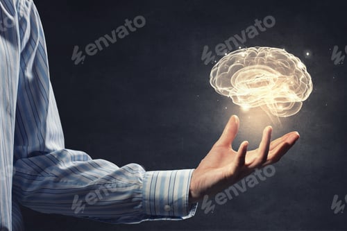 Preview: Close Up Of Businessman Holding Digital Image Of Brain In Palm