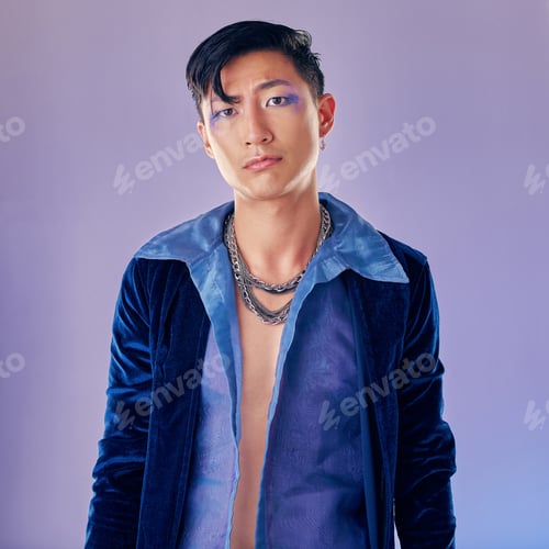 Preview: Asian man, makeup and punk fashion for portrait in studio with cyberpunk, creative or aesthetic fac