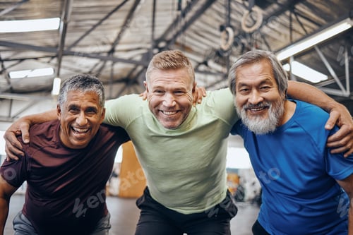 Preview: Portrait, hug or mature men in workout gym, training exercise or healthcare wellness in success cel