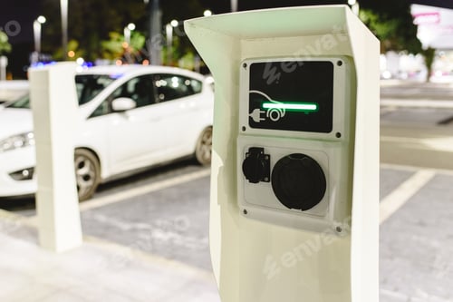 Preview: Public post charger of electric vehicles placed in the parking lot of a supermarket.
