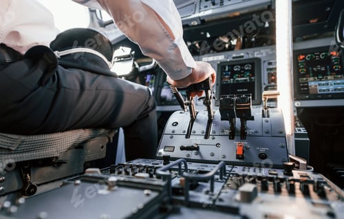 Preview: Control of the flight. Pilot on the work in the passenger airplane. Preparing for takeoff