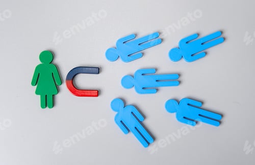 Preview: Woman attracting men with magnet.