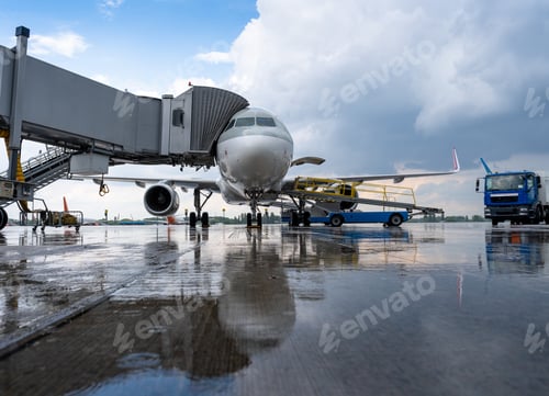 Preview: Passenger plane at the airport. Teletrap. Flight and travel. Platform. Ladder