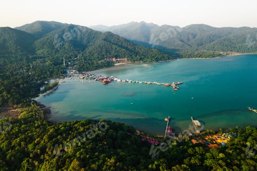 Preview: Aerial view of Bang Bao fishing village and pier, Ko Chang island, Thailand.