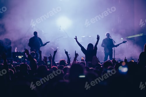 Preview: Silhouette of a woman with raised hands on a concert