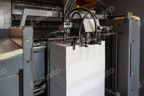 Preview: Printed sheets of paper are served in the printing press. Offset , CMYK. Offset printing machines.