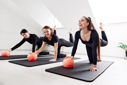 Three beautiful women are doing Pilates in a bright studio. Slender flexible sportswomen in black