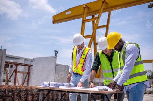 Preview: Engineers wearing safety helmets and reflective vests working site large overhead crane