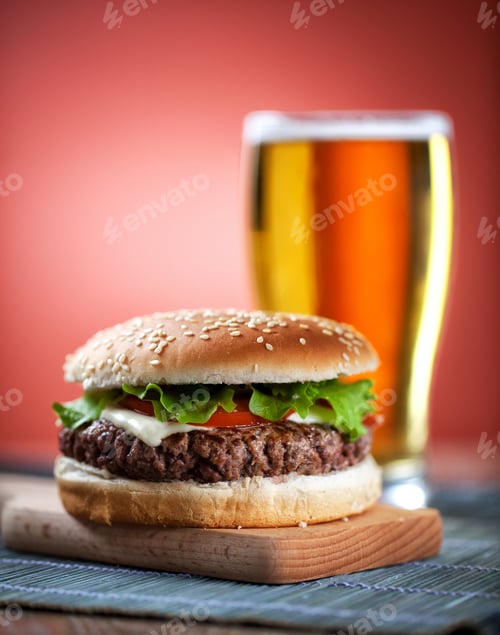 Preview: Big sandwich. Hamburger burger with beef, tomato, cheese and salad.