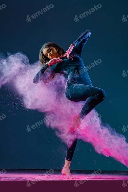 Preview: Dynamic female dancer in motion, surrounded by vibrant pink powder explosion, expressing energy