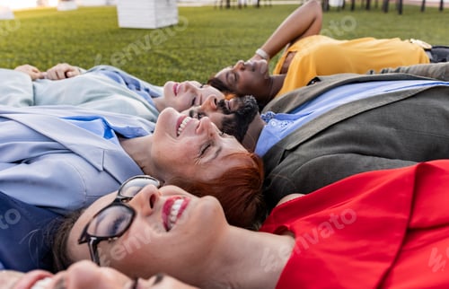 Preview: Smiling People Relaxing Together on Green Lawn