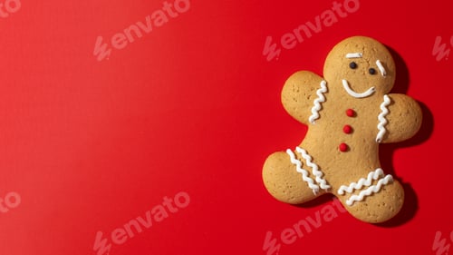 Preview: Festive gingerbread man cookie on red background. Cozy winter mood. New Year. Copy space