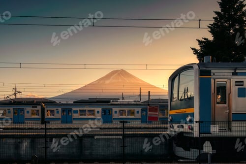 Preview: Volcano mount Fuji with sunset sky on railway station at Kawaguchiko station