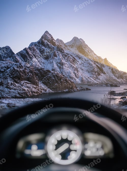 Preview: View from the car inside. Concept and idea for travel. Natural landscape in the Norway. North.