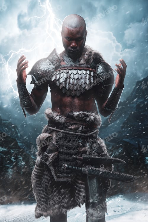 Preview: Religious african viking prays to thor in thunderstorm in mountains