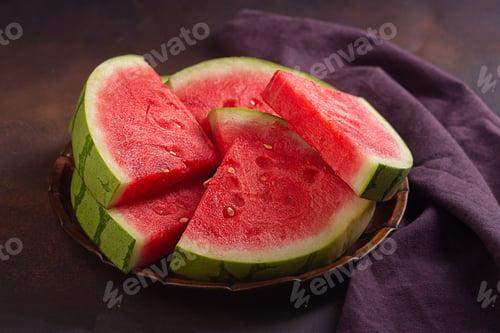 Preview: Red raw watermelon pieces on dark background