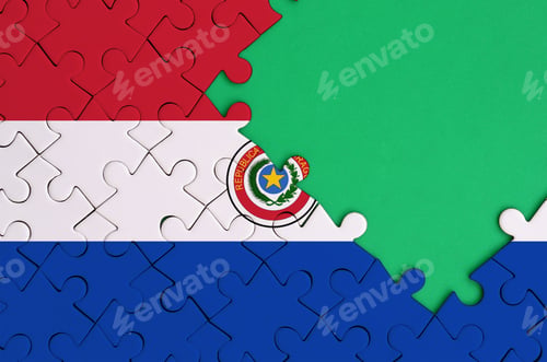 Preview: Paraguay flag is depicted on a completed jigsaw puzzle with free green copy space on the right side