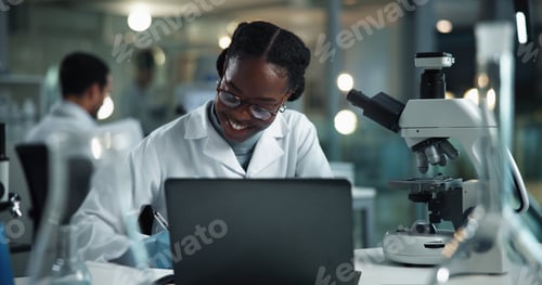 Preview: Black woman, writing notes and scientist in lab to document test results, research and laptop study