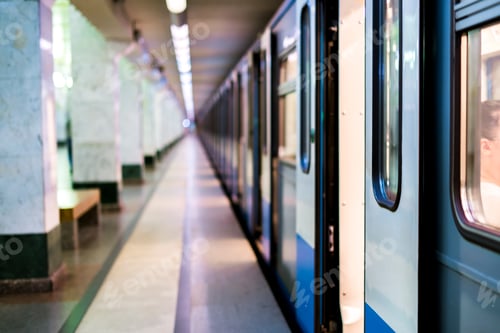 Preview: subway train staying on a metro station with doors open with defocused background s