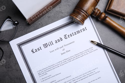 Preview: Flat lay composition with last will and testament on grey table