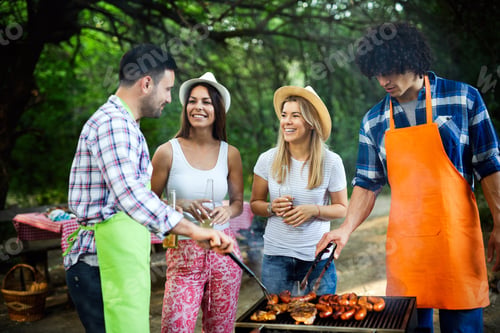 Preview: Friends having a barbecue party and fun in nature