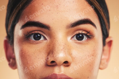 Preview: Woman, skin and closeup in studio portrait with beauty, cosmetics and natural glow on face by backg
