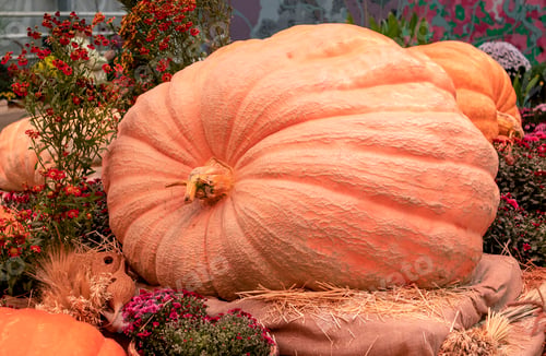 Preview: big orange pumpkin in the garden in autumn