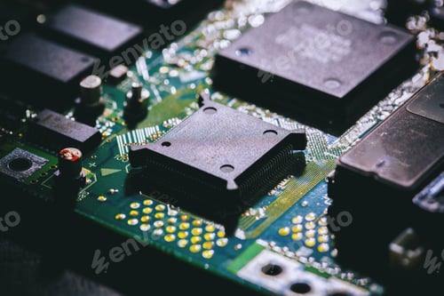 Preview: Computer circuit board closeup. CPU, processor, electronic components and wiring