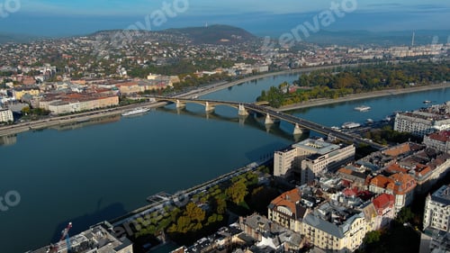 Preview: Aerial View Shot of Budapest, Hungary at sunrise. Margaret Bridge or Margit hid
