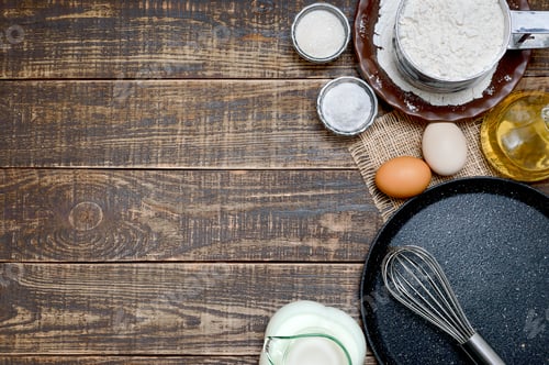 Preview: Dark wooden culinary background with empty black pancake pan, ingredients