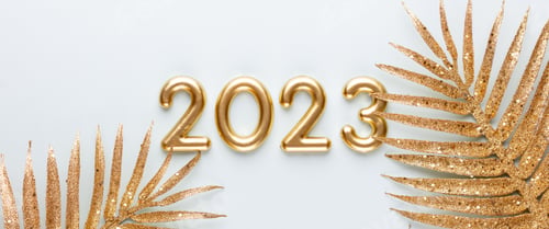 Preview: Happy New Year 2023 poster. Christmas background with gold 2023 numbers.
