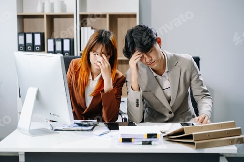 Vista previa: Furious two Asian businesspeople arguing strongly after making a mistake at work